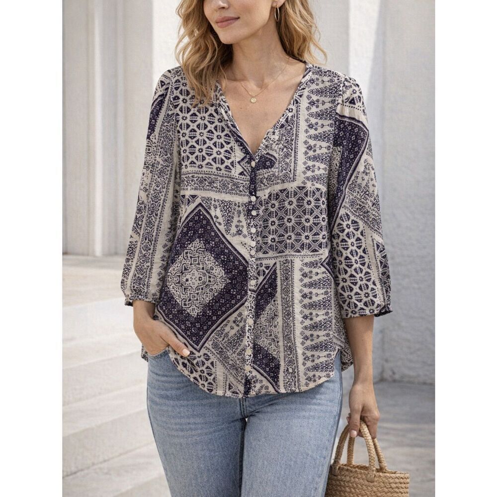 Lucky Brand Boho Patchwork Print Cotton Peasant Blouse Top Size Medium